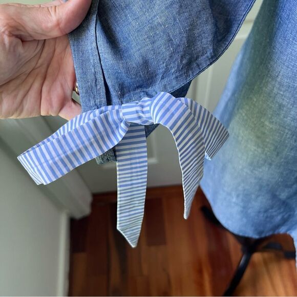 Ann Mashburn Blue Linen Cotton Chambray Blouse Size Small Tie Sleeves - Picture 6 of 7
